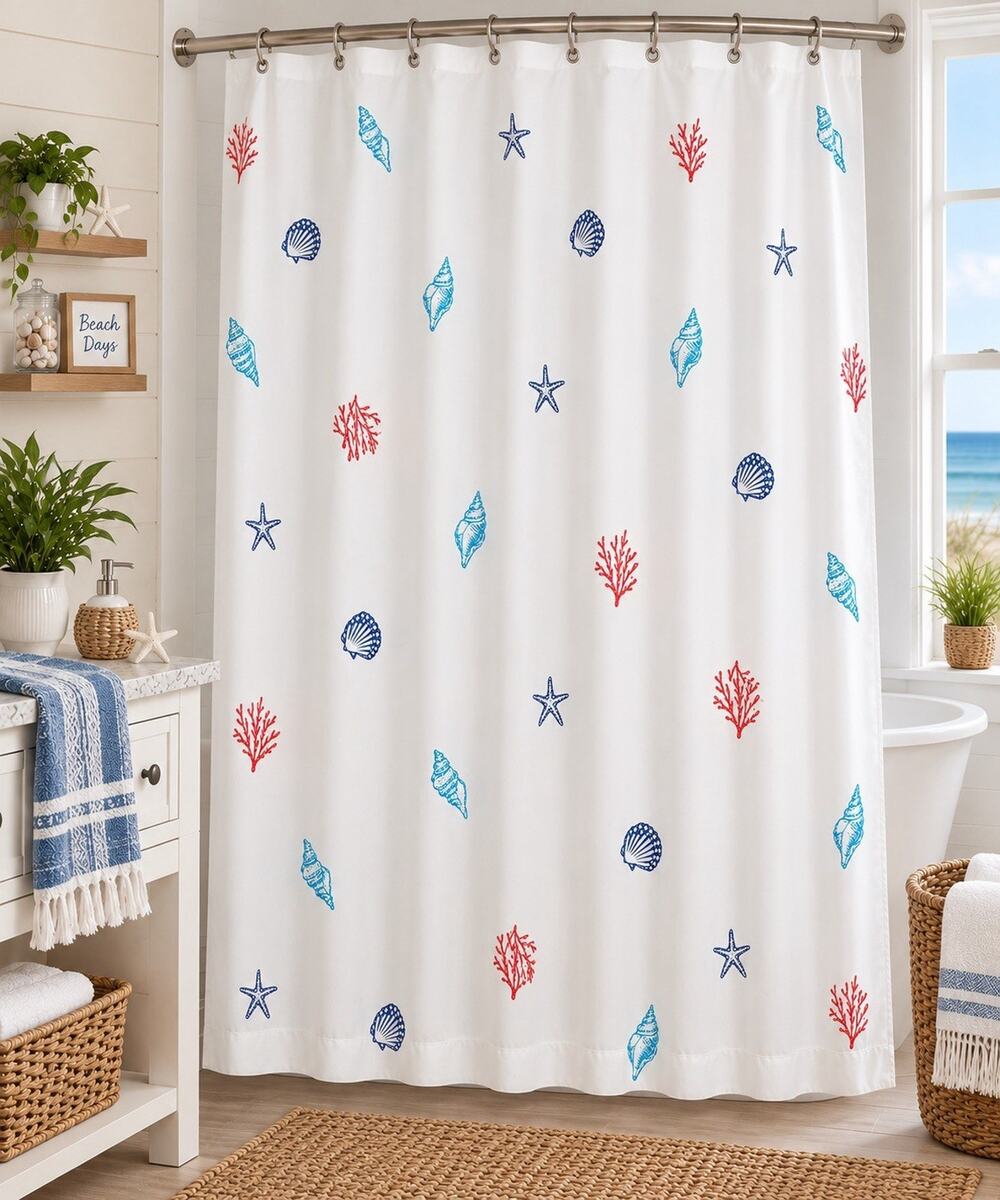 Living Colors Coastal Seashell Coral Starfish Shower Curtain 71 x 68 Beach